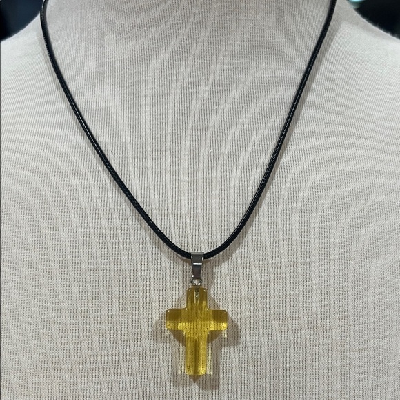 Yellow Cross Resin Pendant on Black Wax Cord Necklace - Picture 3 of 5